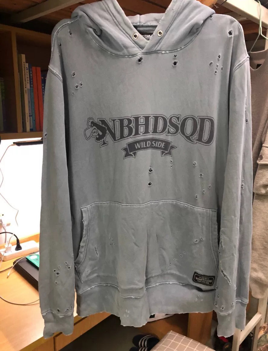 blue distressed hooded sweatshirt