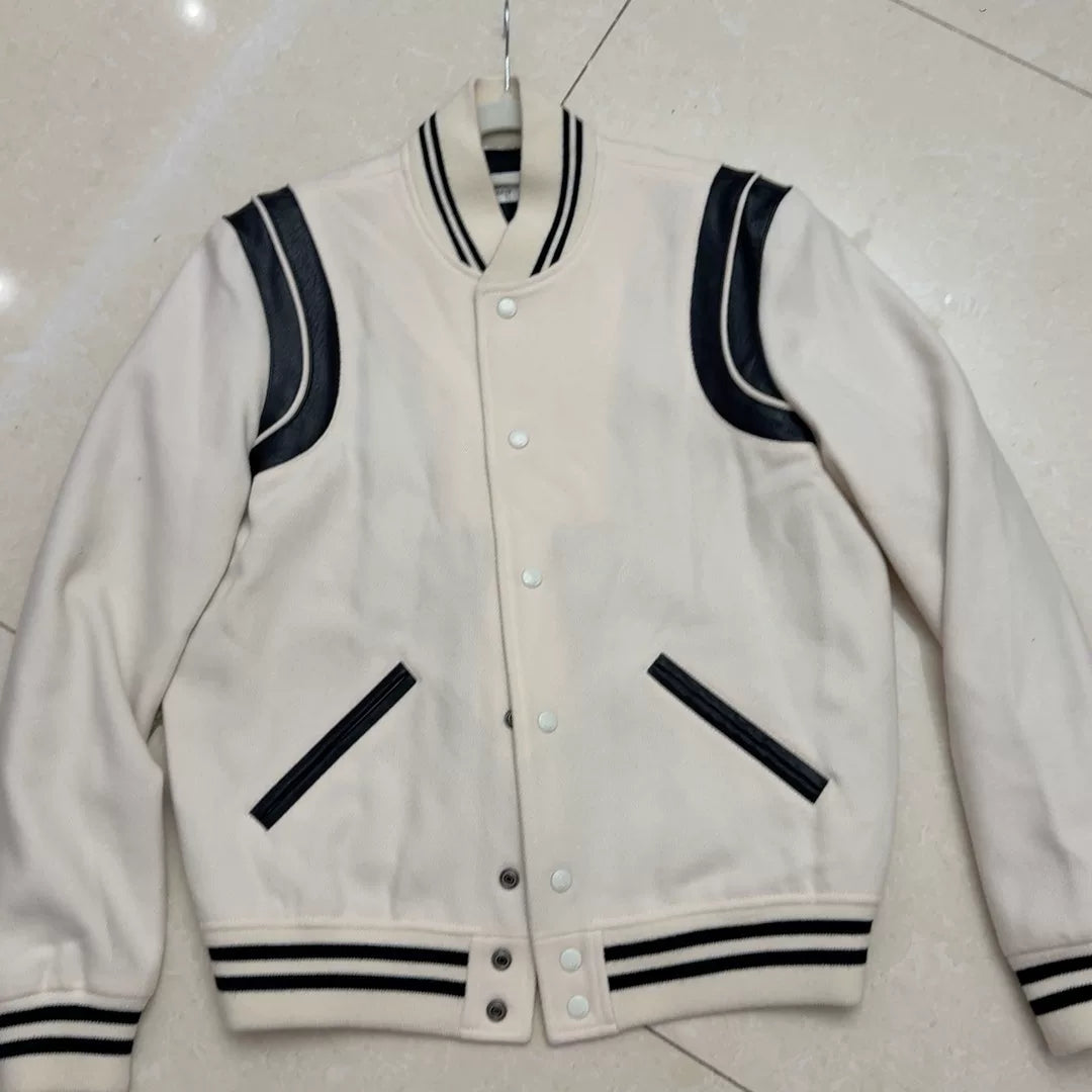 Saint Laurent Cream Leather Sleeve Baseball Jacket