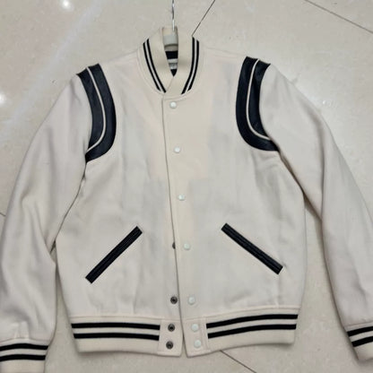 Saint Laurent Cream Leather Sleeve Baseball Jacket
