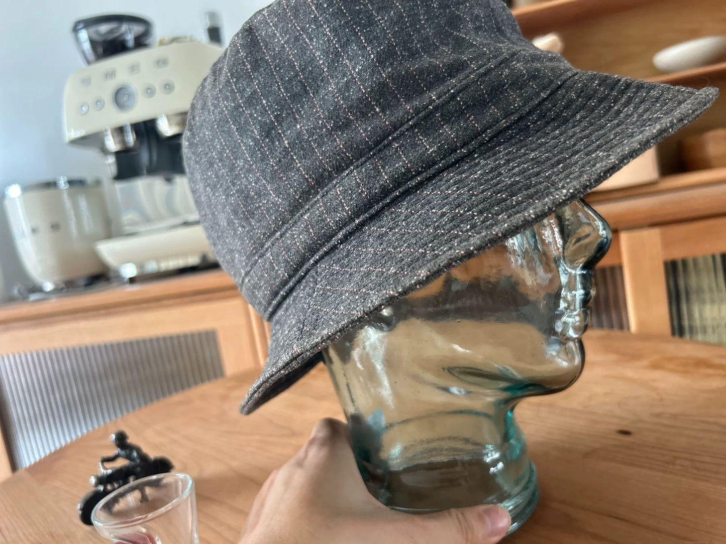 unique gray bucket hat with logo patch