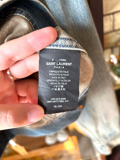 saint laurent blue denim jacket with cord collar