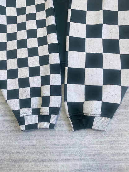 black and white checkered hoodie with red hood