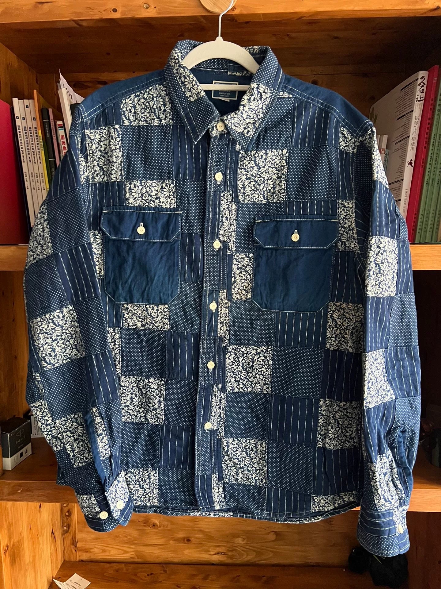 blue patchwork shirt with traditional dyeing