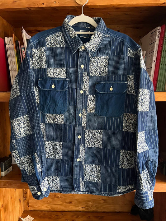blue patchwork shirt with traditional dyeing