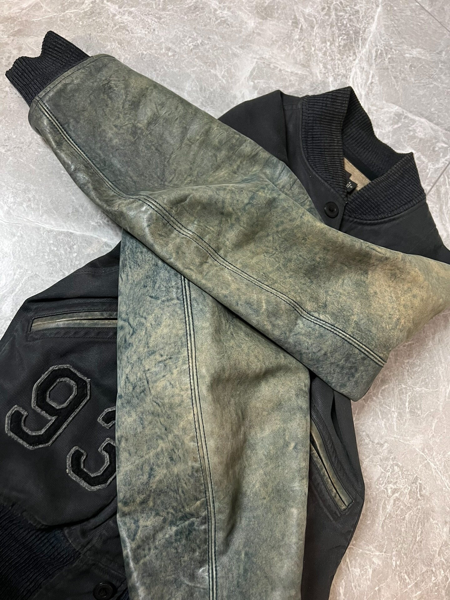 RRL Blue Dye Leather Sleeve Baseball Jacket