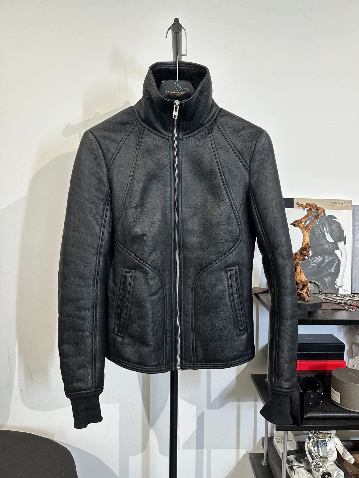 Rick Owens Fur Leather Stand-Collar Jacket