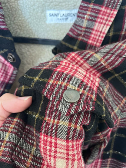 Saint Laurent Red/Black Plaid Shearling Shirt Jacket