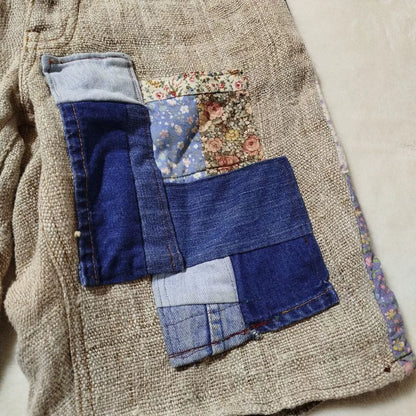 handmade patchwork cotton-linen shorts