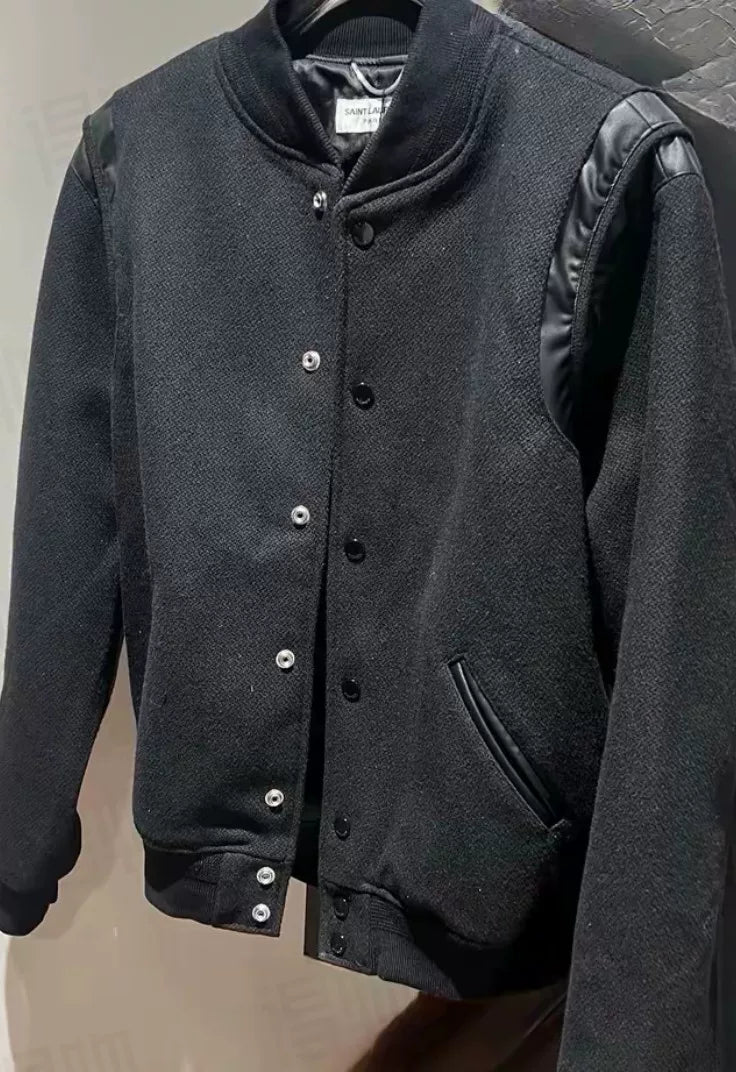 Saint Laurent Leather Sleeve Wool Baseball Jacket