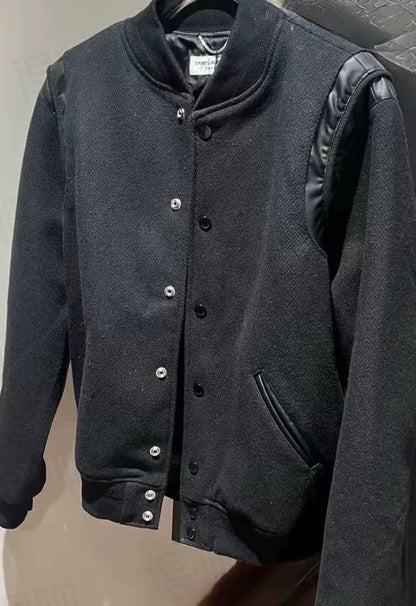 Saint Laurent Leather Sleeve Wool Baseball Jacket