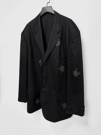 black linen jacket with floral embroidery