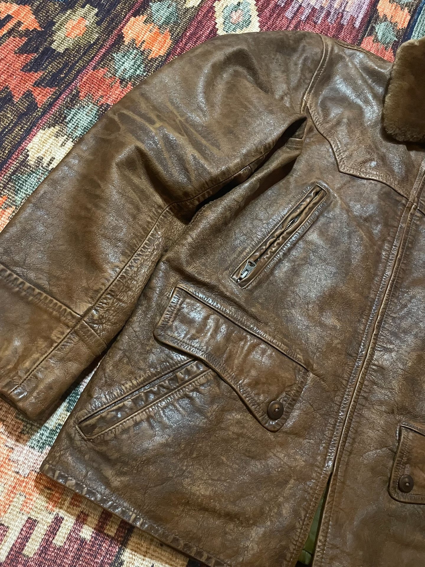 RRL Distressed Leather Jacket w/Fur Collar