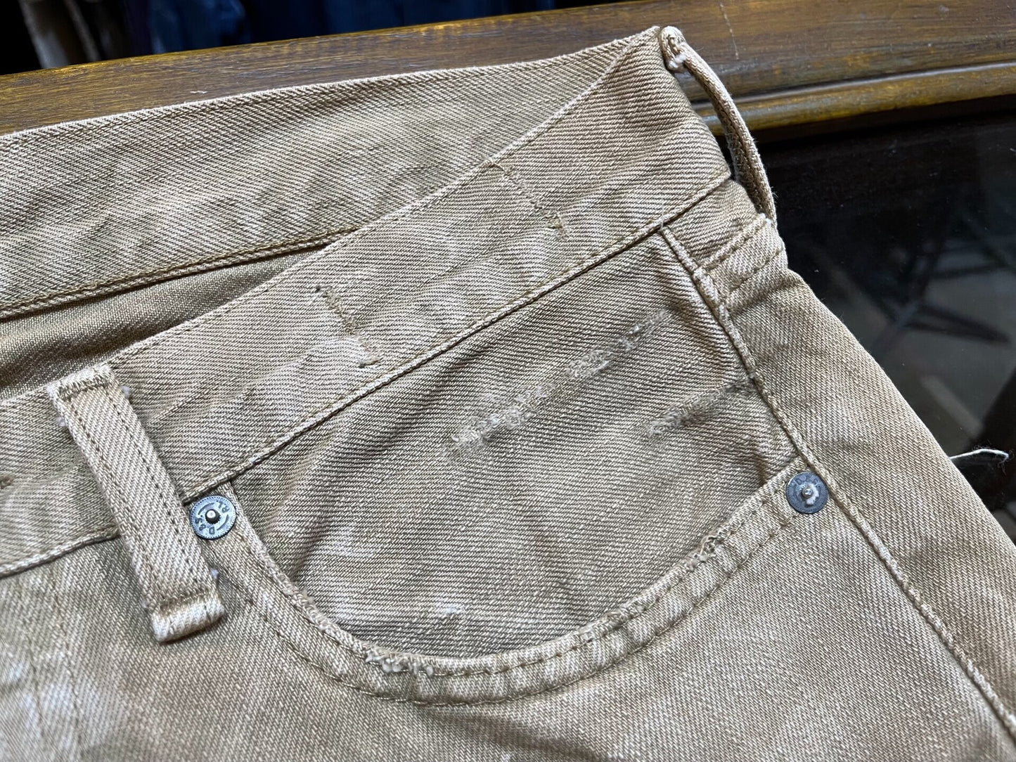 rrl distressed beige denim pants by Ralph Lauren