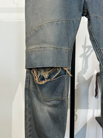 Julius_7 Double Knee Distressed Washed Jeans