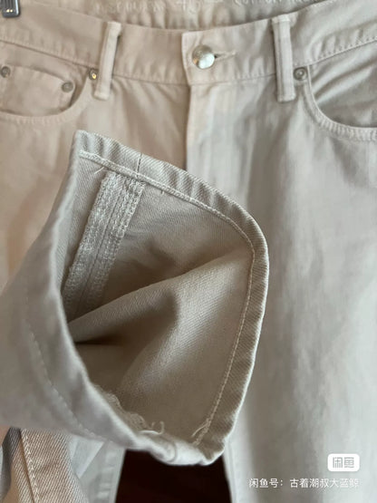 beige straight-leg denim pants for casual wear