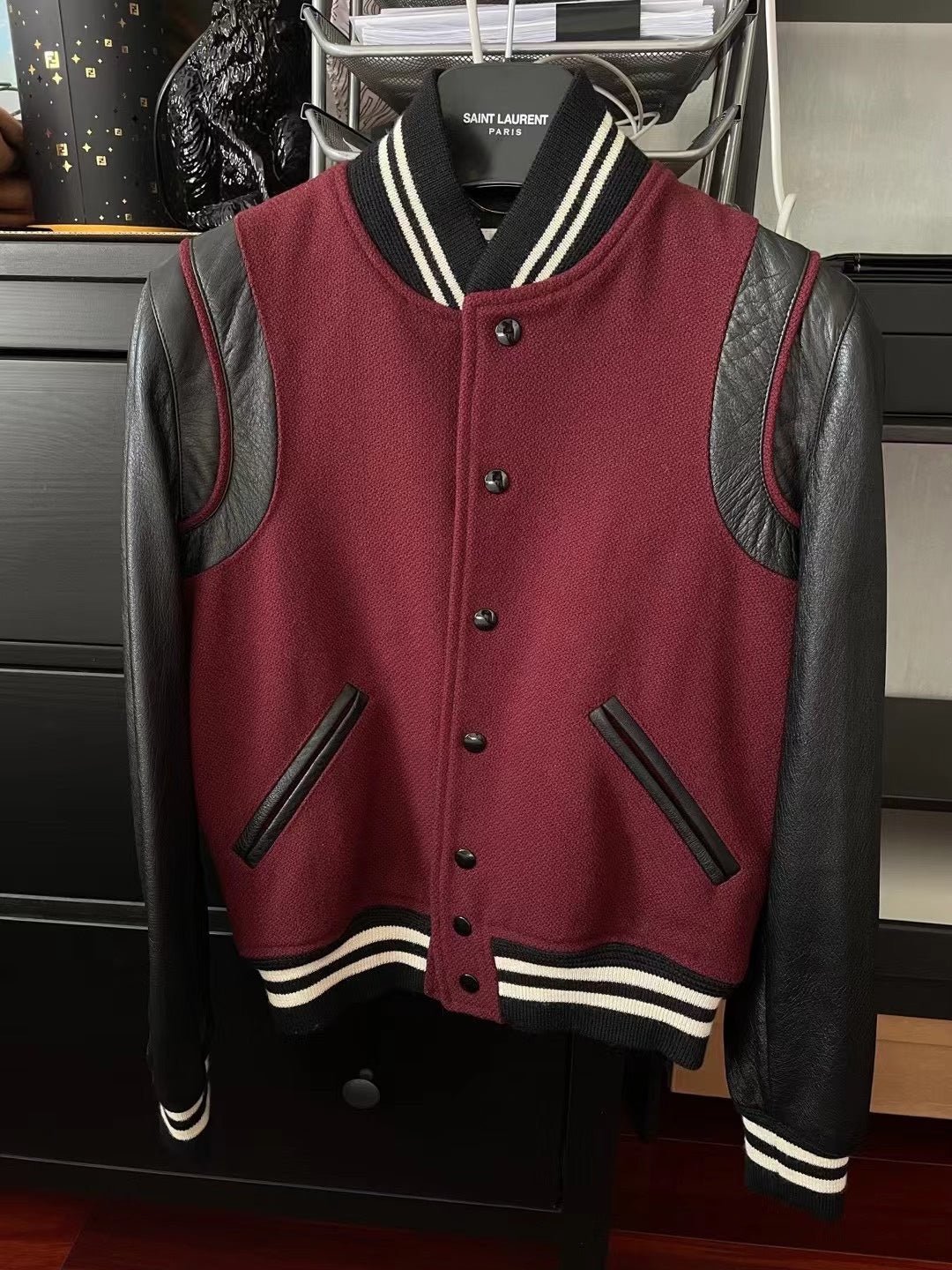 Saint Laurent Maroon Leather Sleeve Varsity Jacket
