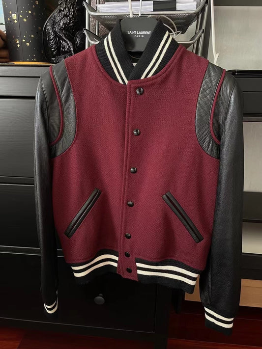 Saint Laurent Maroon Leather Sleeve Varsity Jacket