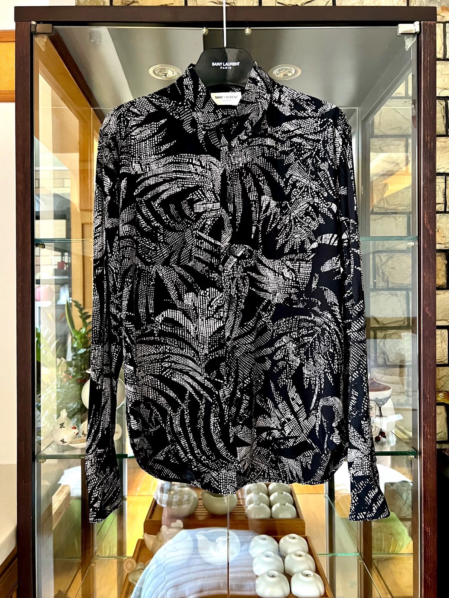 saint laurent black silk shirt with design