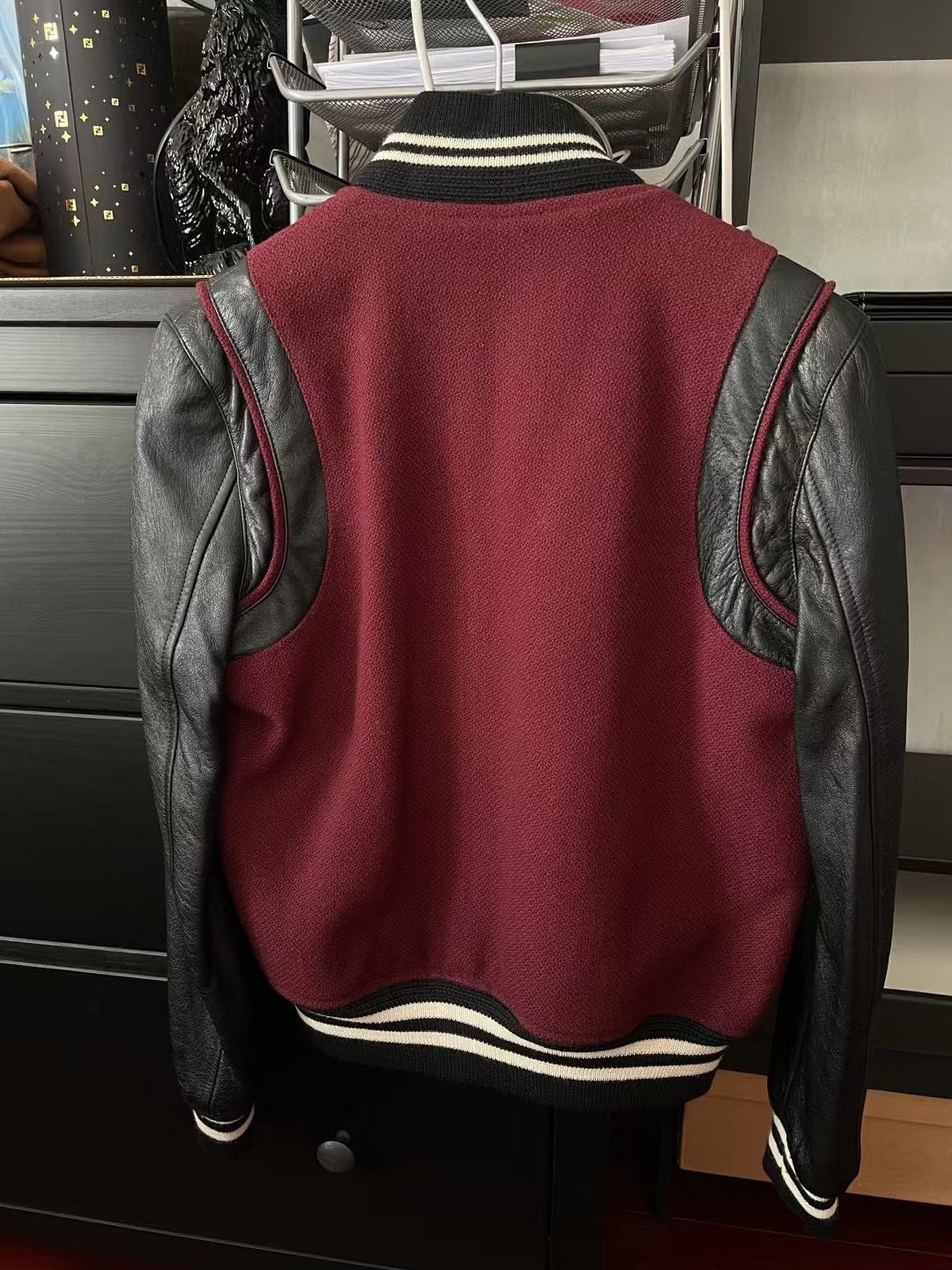 Saint Laurent Maroon Leather Sleeve Varsity Jacket