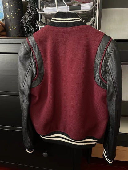 Saint Laurent Maroon Leather Sleeve Varsity Jacket