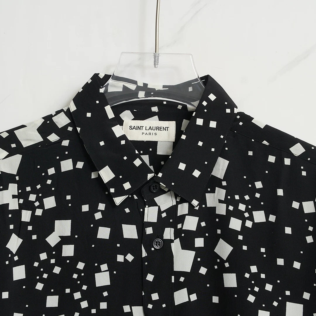 Saint Laurent Men's Square-Pattern Silk Shirt