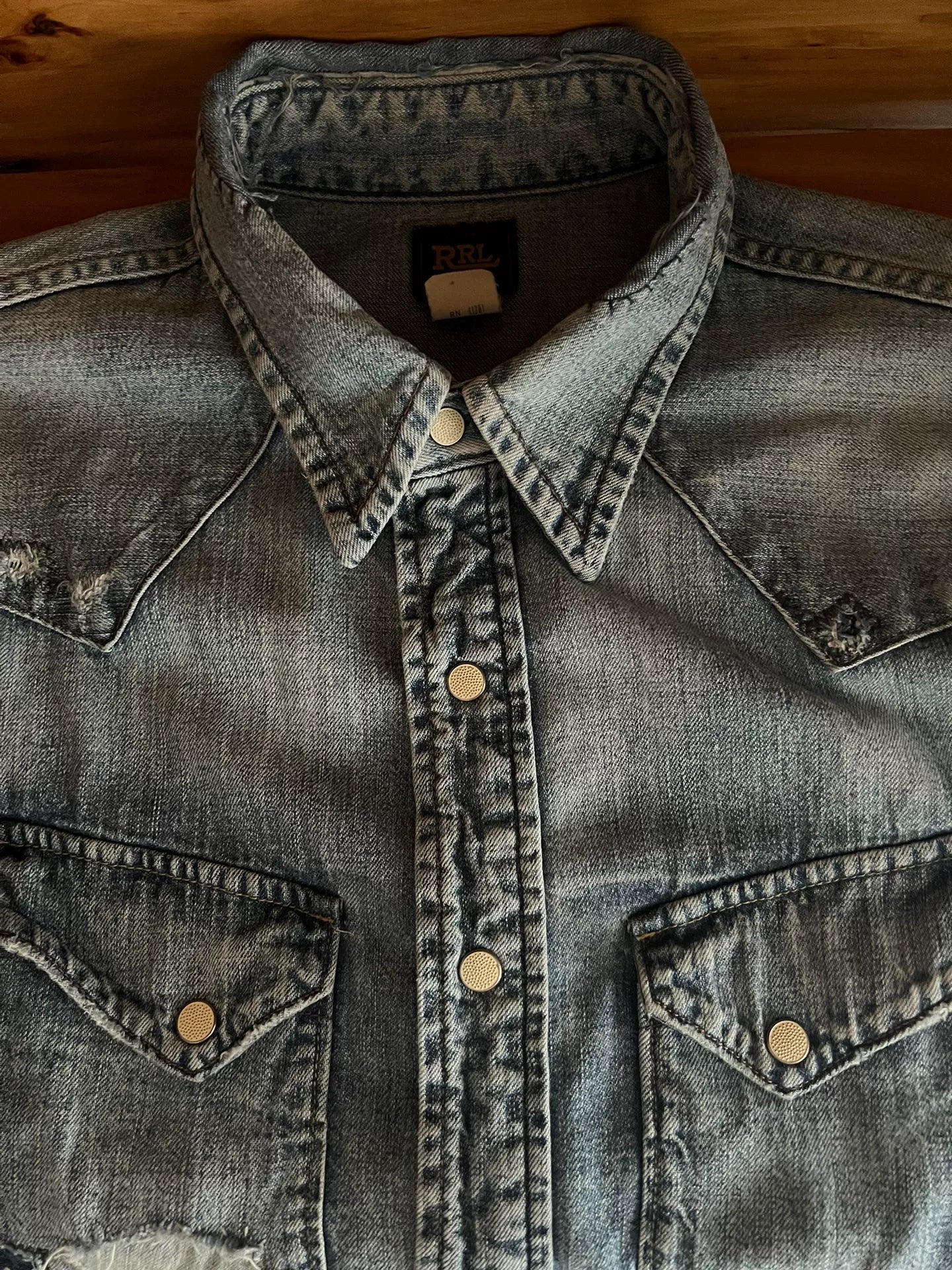 rrl distressed denim long sleeve shirt