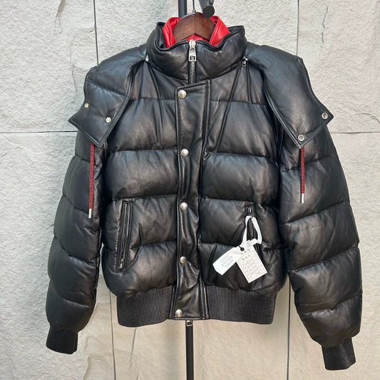 black leather down jacket with red accents