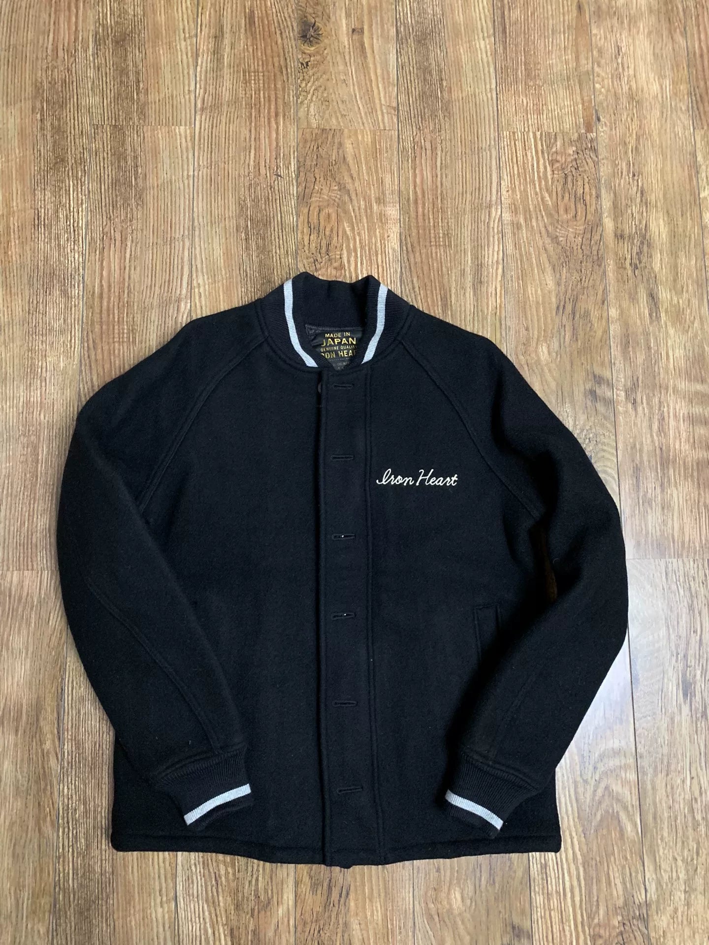 black wool baseball jacket by iron heart