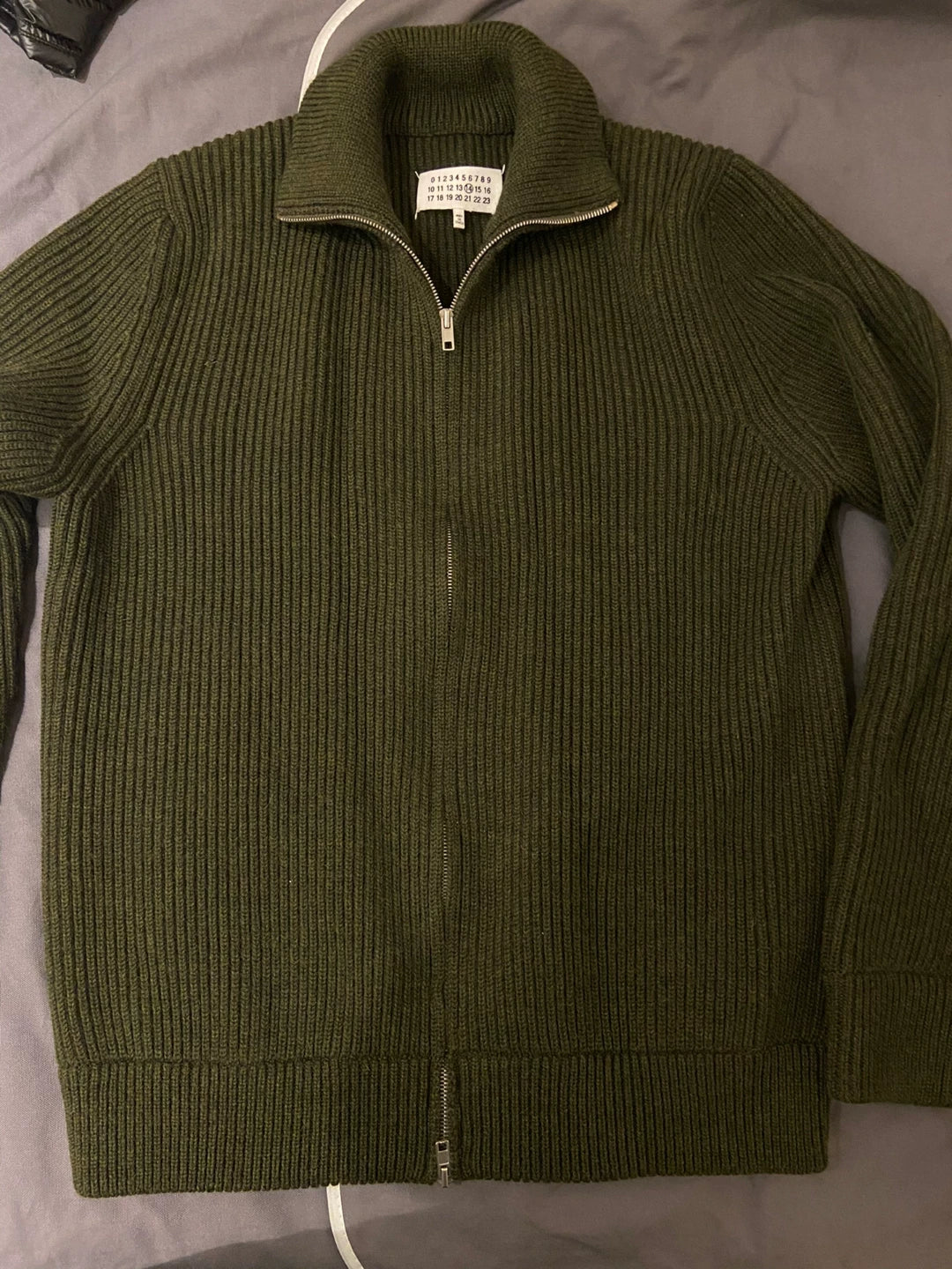maison margiela green knitted zip cardigan