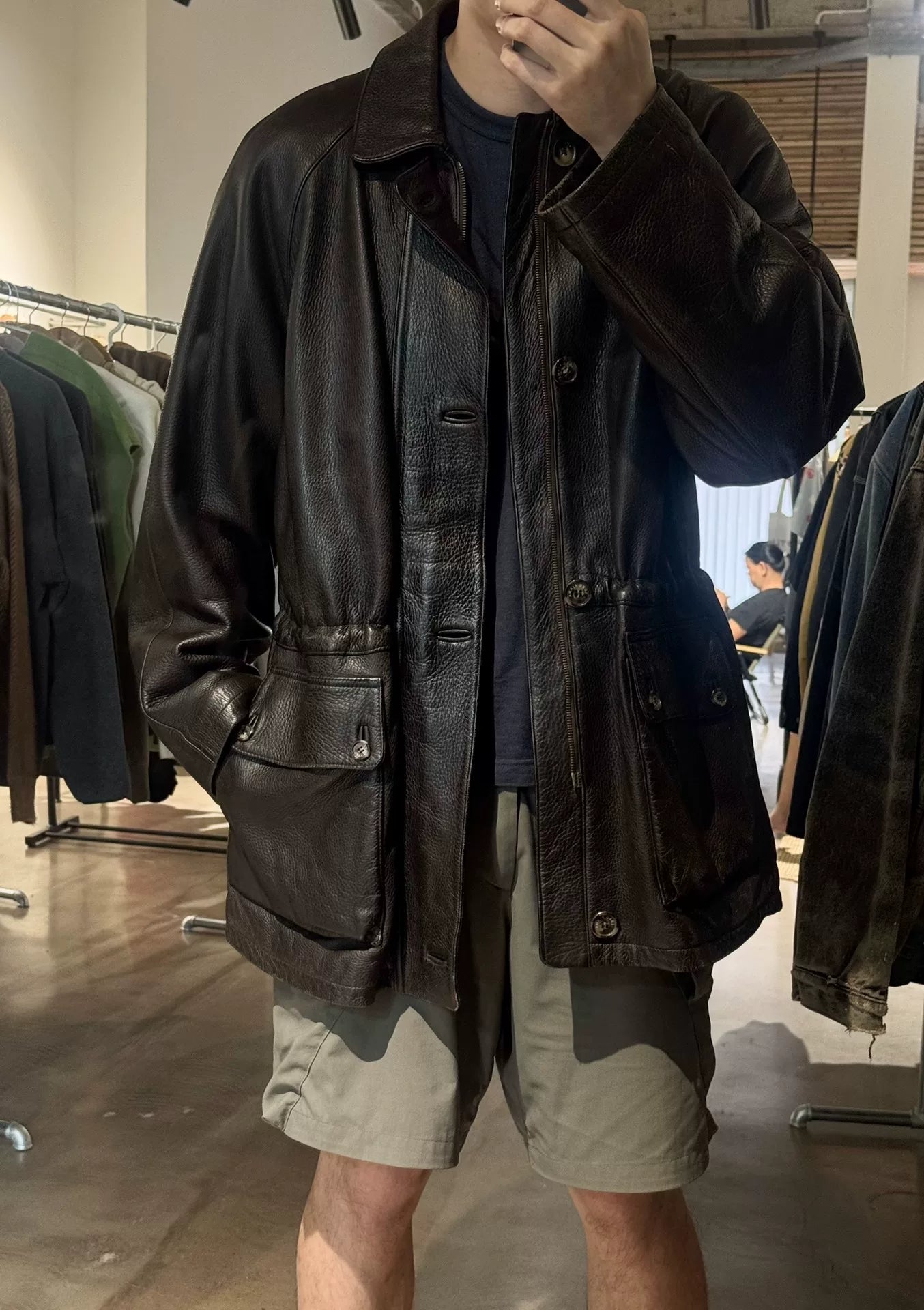 luxurious dark leather jacket with cashmere lining