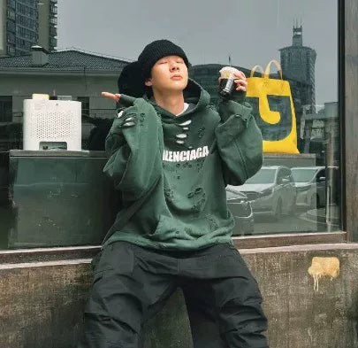 balenciaga green distressed hoodie sweatshirt xs