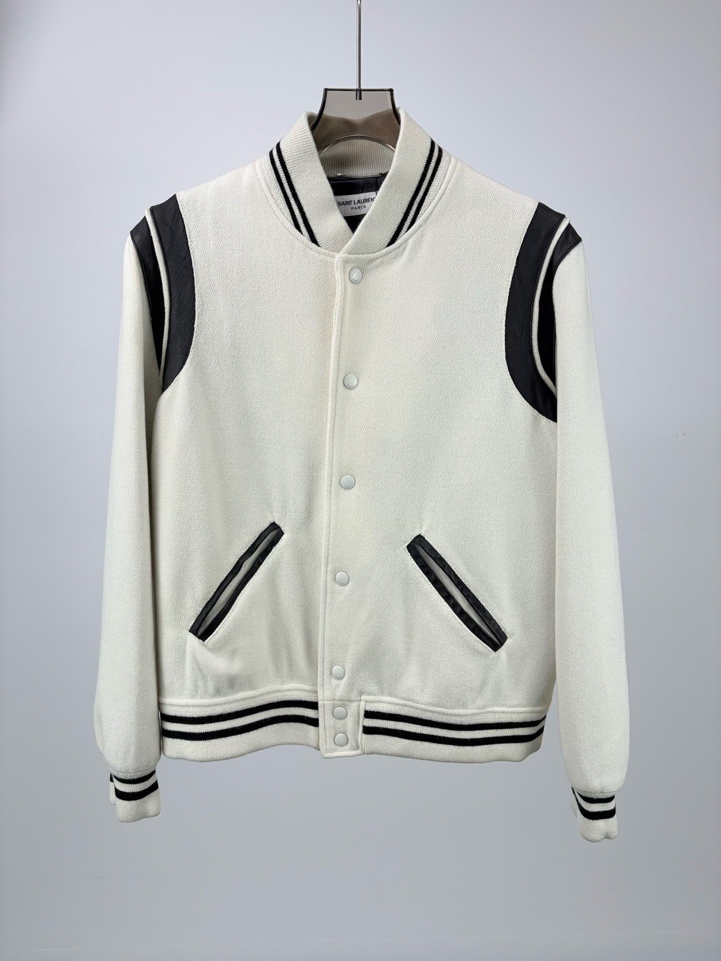 Saint Laurent White Leather Sleeves Baseball Jacket