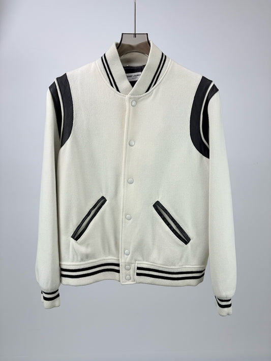 Saint Laurent White Leather Sleeves Baseball Jacket