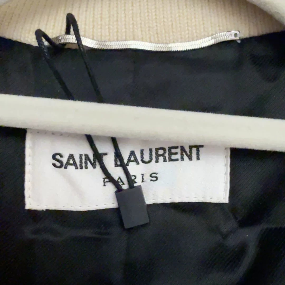 Saint Laurent Cream Leather Sleeve Baseball Jacket