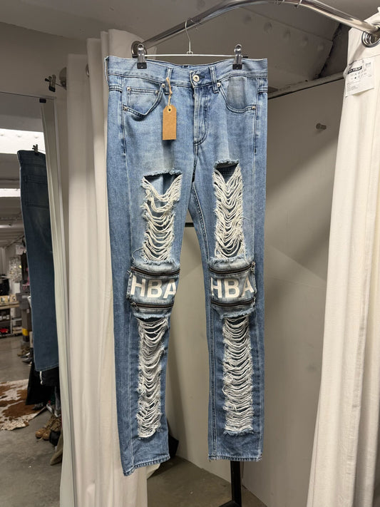 blue shredder zip jeans with distressed details