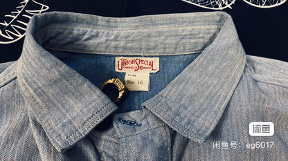 vintage Blue HBT Shirt with Asymmetric Pockets