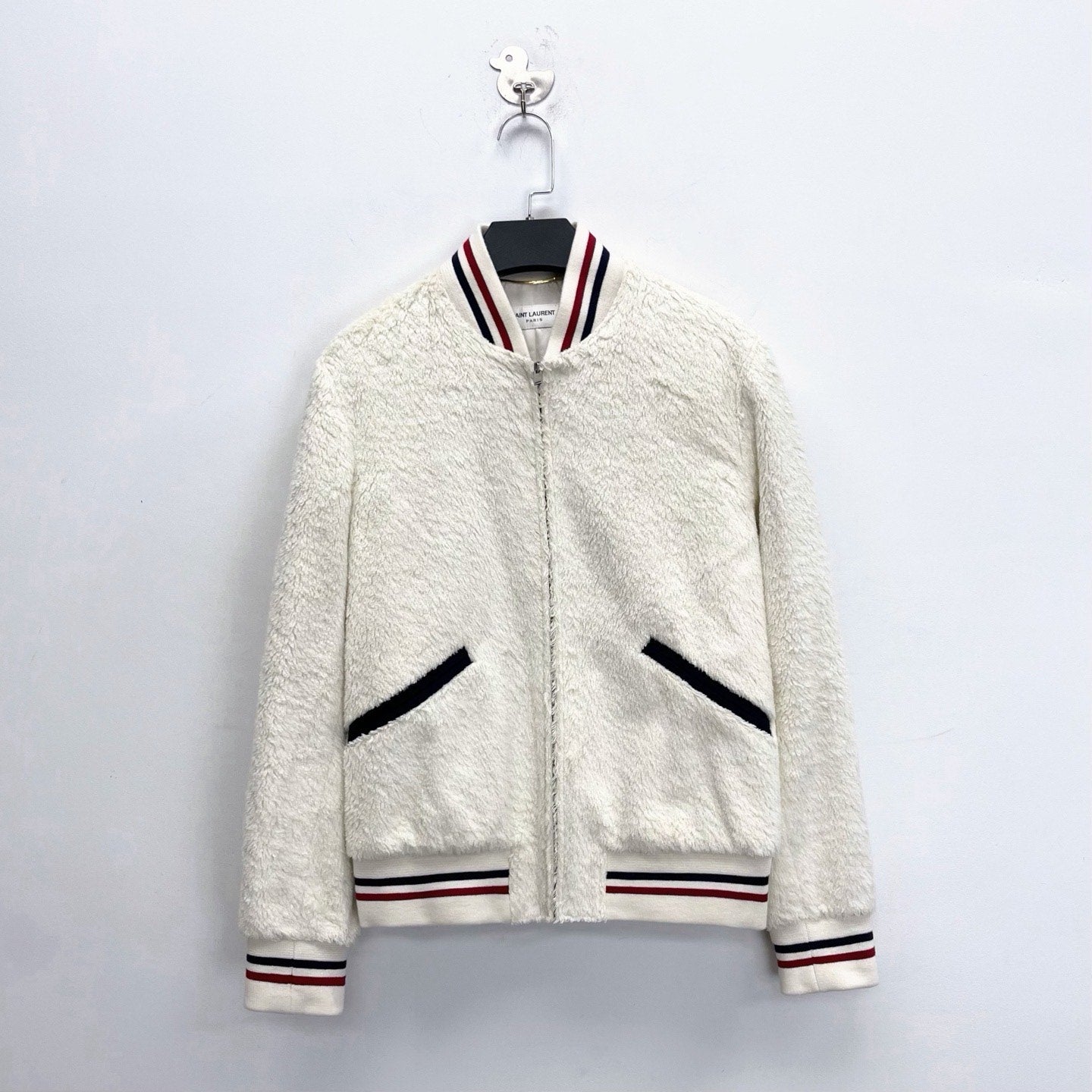 Saint Laurent White Teddy Stripe Baseball Jacket