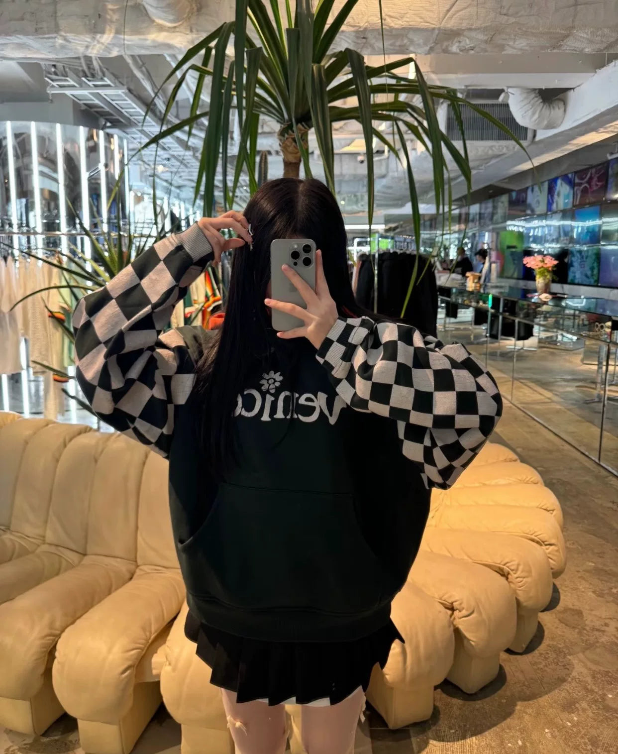 black and white checkered hoodie with red hood