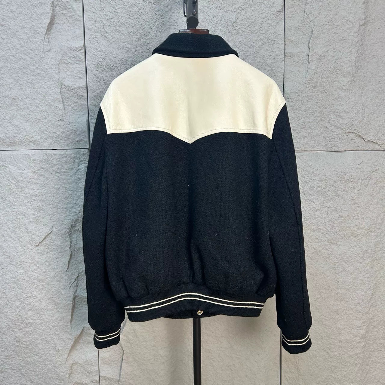 celine classic baseball jacket in black and cream