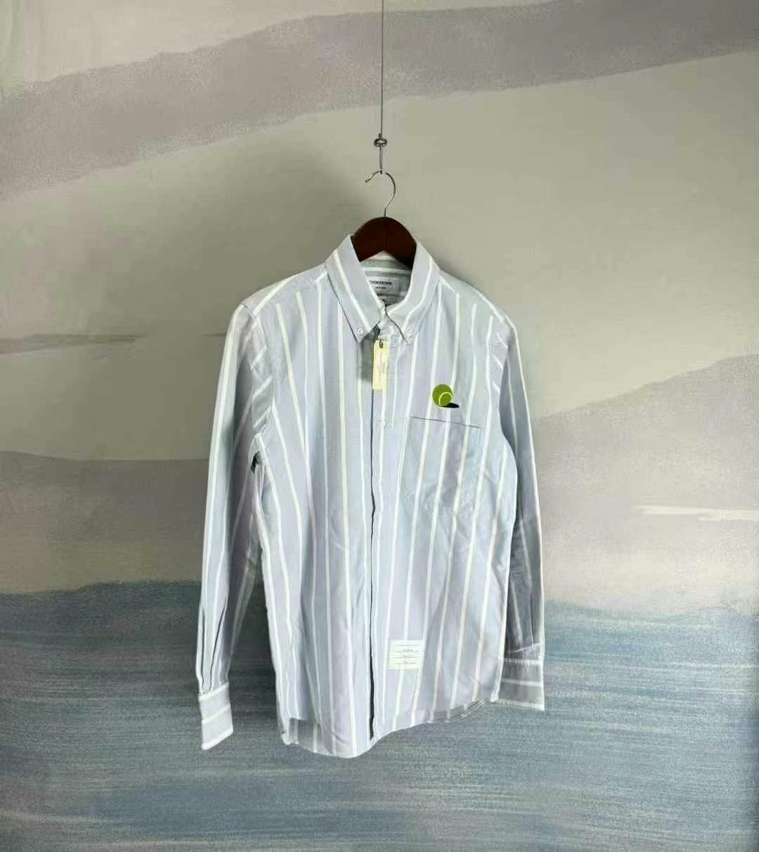thom browne blue and white striped shirt