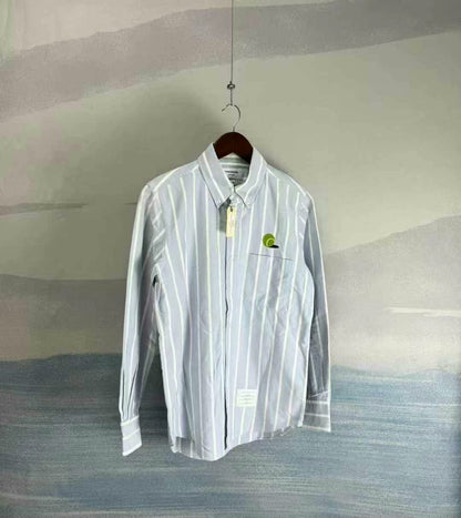 thom browne blue and white striped shirt