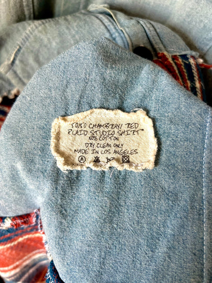 blue orange denim flannel henley shirt