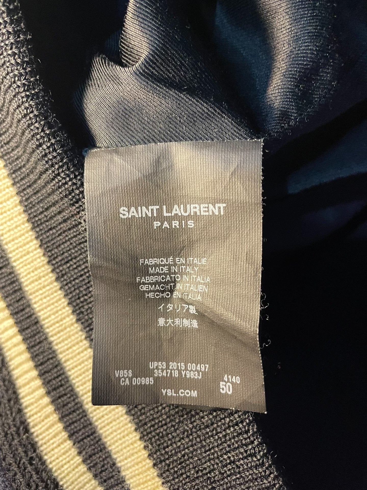 Saint Laurent Navy Leather Sleeves Varsity Jacket