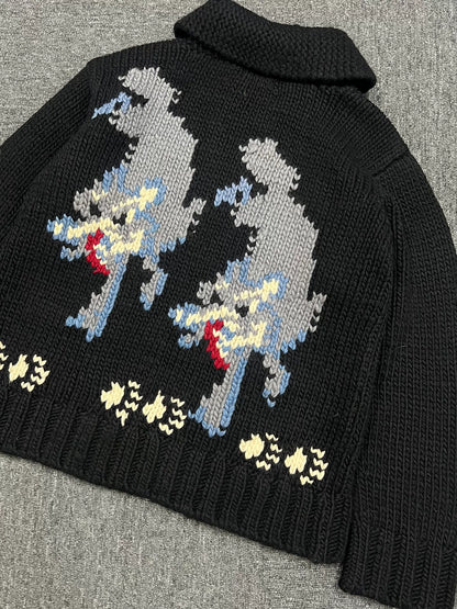 Black Wolf Pattern Knit Cardigan