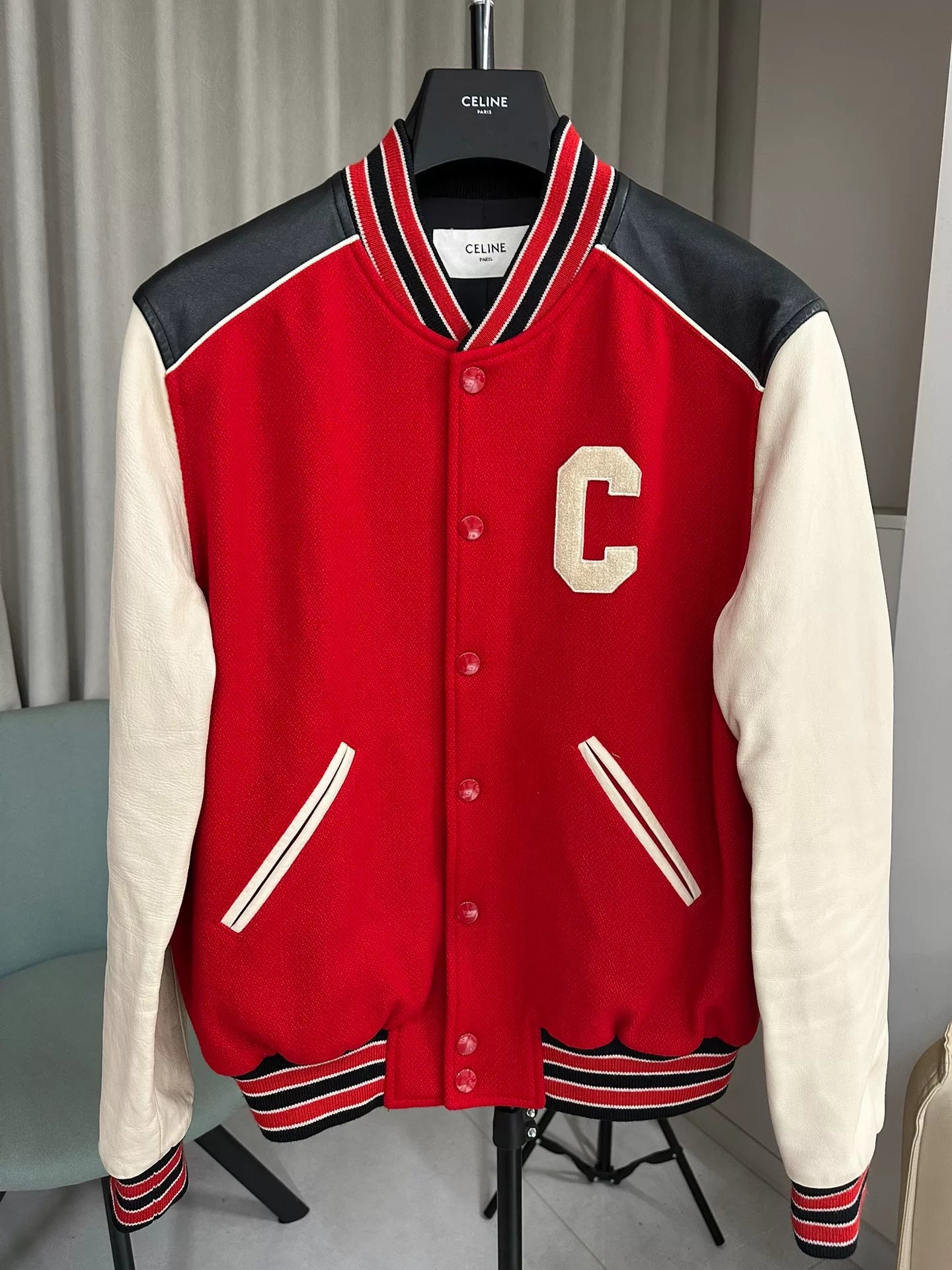 Celine Red Wool Leather Sleeve Bomber Jacket