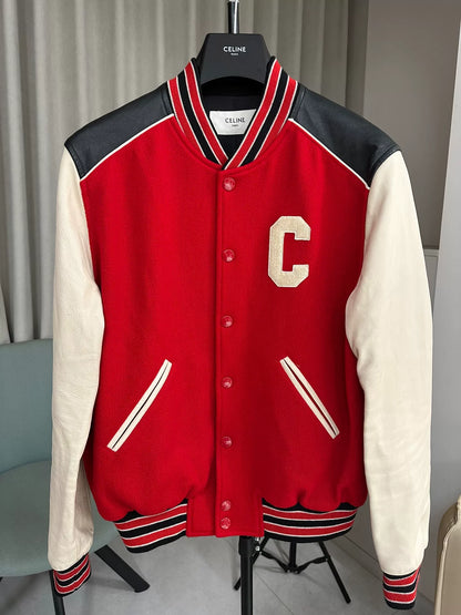 Celine Red Wool Leather Sleeve Bomber Jacket