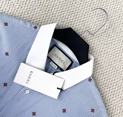 gucci light blue embroidered bee long sleeve shirt