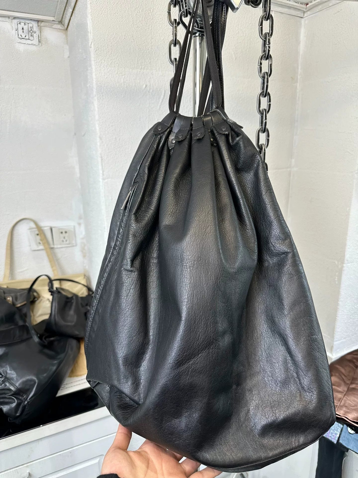 yohji yamamoto leather drawstring bag