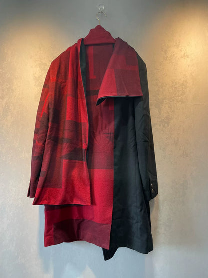 yohji yamamoto red black coat and scarf