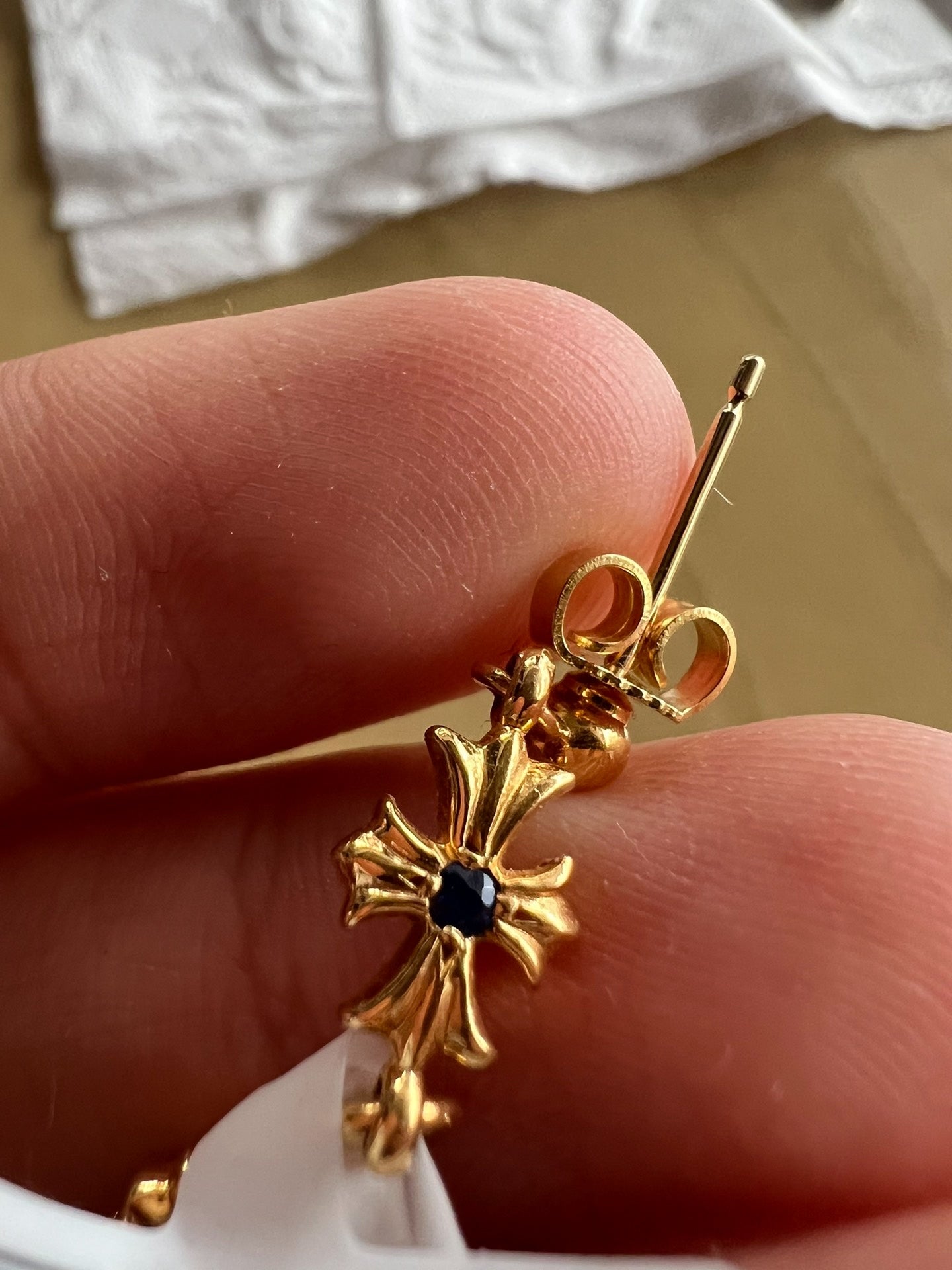 Chrome Hearts 22k Gold Blue Diamond Triple Stud Earrings
